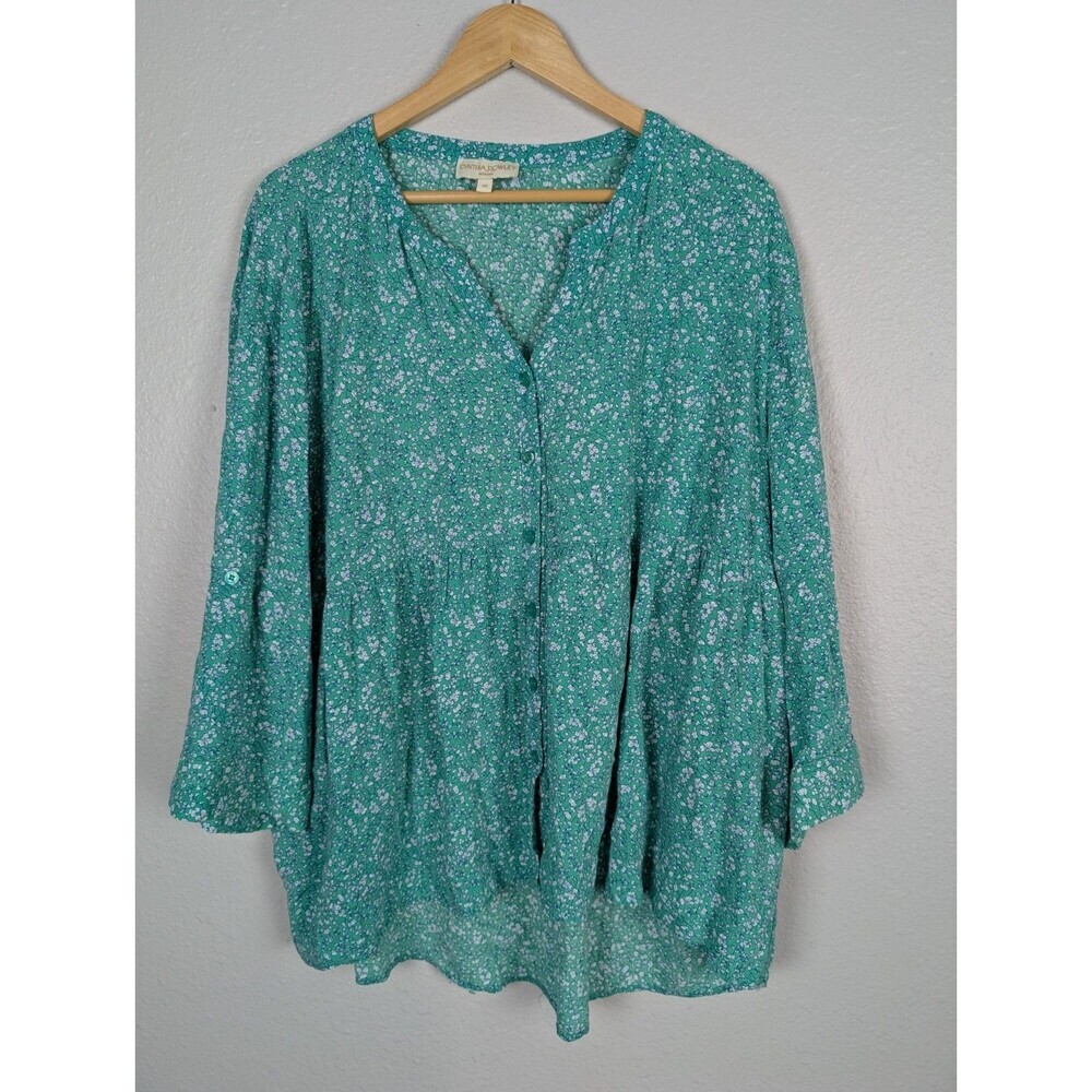 Cynthia Rowley Women's Green Floral White Flowers Ruffle Bottom Blouse 3X 173‎